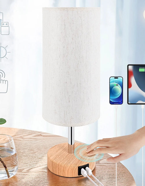 Load image into Gallery viewer, Bedside Table Lamp with USB Port - Touch Control for Bedroom Wood 3 Way Dimmable Nightstand Lamp with round Flaxen Fabric Shade for Living Room, Dorm, Home Office (LED Bulb Included)
