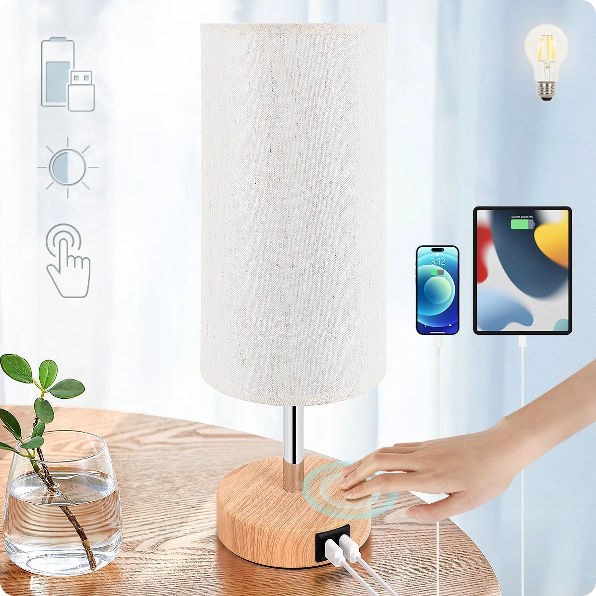 Bedside Table Lamp with USB Port - Touch Control for Bedroom Wood 3 Way Dimmable Nightstand Lamp with round Flaxen Fabric Shade for Living Room, Dorm, Home Office (LED Bulb Included)