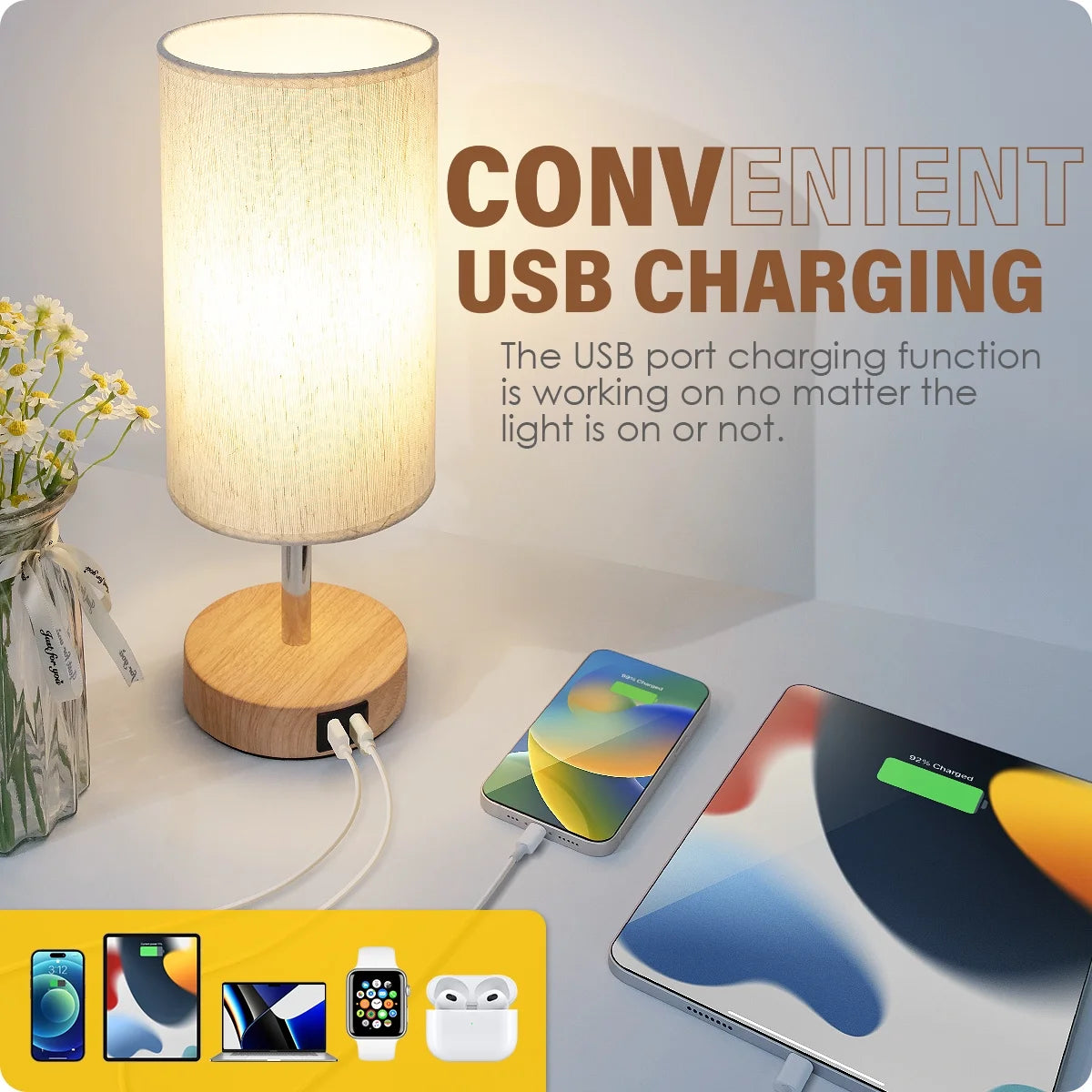 Bedside Table Lamp with USB Port - Touch Control for Bedroom Wood 3 Way Dimmable Nightstand Lamp with round Flaxen Fabric Shade for Living Room, Dorm, Home Office (LED Bulb Included)