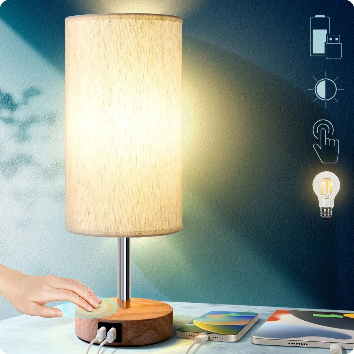 Bedside Table Lamp with USB Port - Touch Control for Bedroom Wood 3 Way Dimmable Nightstand Lamp with round Flaxen Fabric Shade for Living Room, Dorm, Home Office (LED Bulb Included)